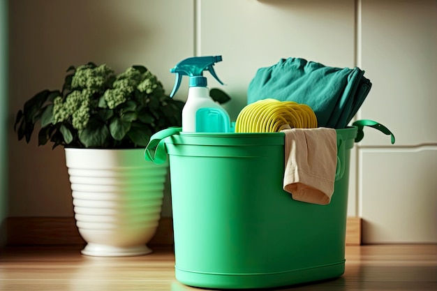 Cubo de limpieza verde con productos de limpieza y guantes en la cocina en la mesa