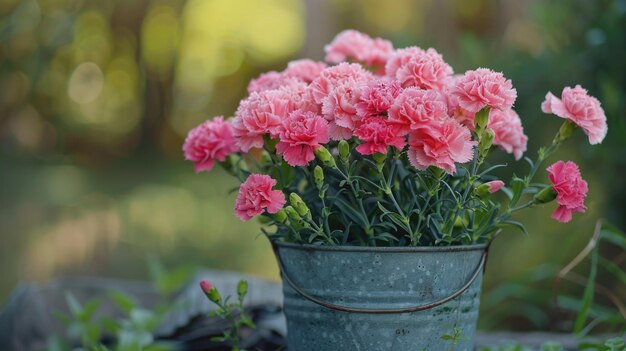 Un cubo lleno de flores rosas se coloca en una roca las flores están dispuestas de manera que todas están orientadas en la misma dirección el cubo está hecho de metal y tiene un aspecto rústico