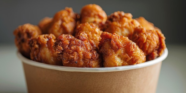 Un cubo lleno de pedazos de pollo frito y crujiente que se ven deliciosos y listos para comer