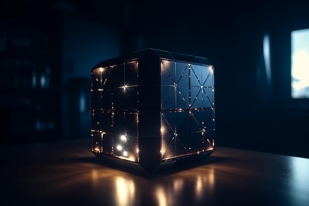 Un cubo con luces está iluminado sobre una mesa.