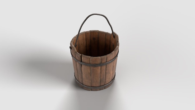 Cubo de madera de época con anillos y mango de metal