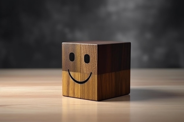 Cubo de madera sonriente con cara sonriente en una mesa de madera