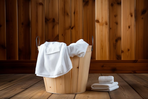 Un cubo de madera y una toalla blanca sobre un fondo de madera El concepto de ir a la sauna Spa