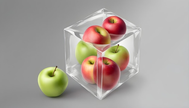 un cubo de manzanas con uno que tiene un color rojo y verde