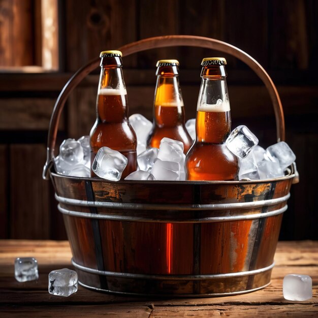 Foto cubo de metal con botellas frías de cerveza y hielo