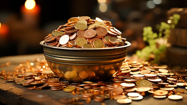 Un cubo de monedas está lleno de monedas de oro y plata.