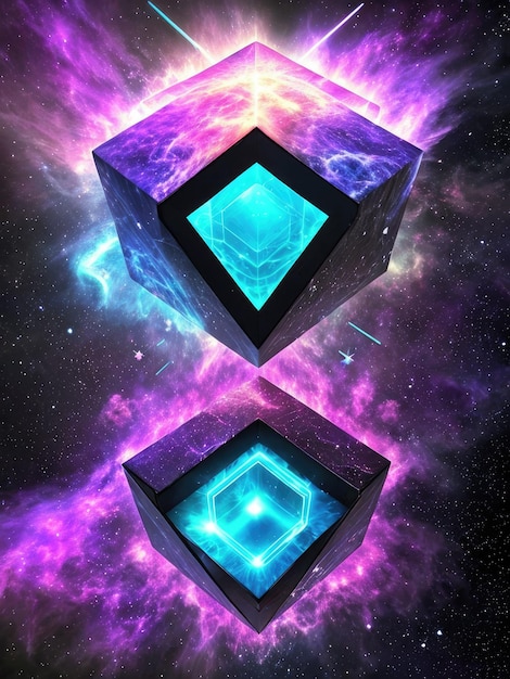 Un cubo morado con un cuadrado azul en el centro.