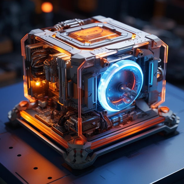 Cubo negro con luces naranjas sobre fondo negro Foto de ilustración visual 3d al estilo de robots futuristas