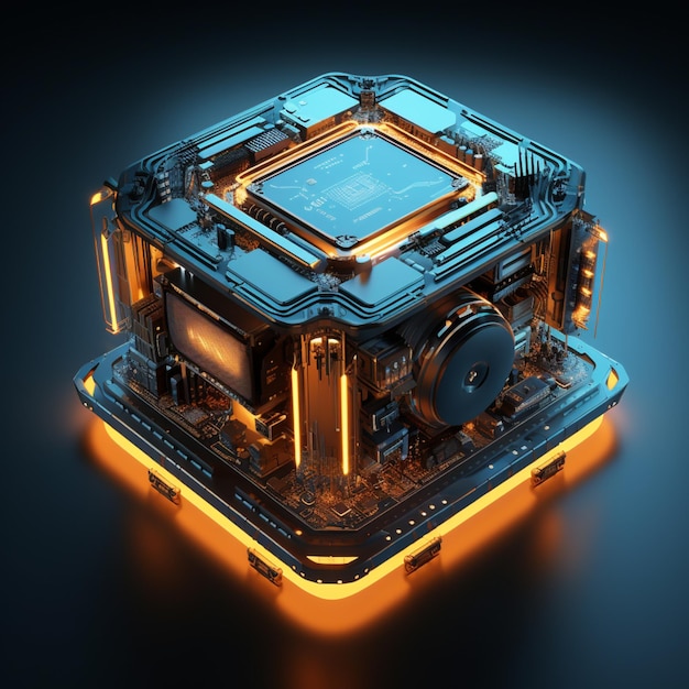 Cubo negro con luces naranjas sobre fondo negro Foto de ilustración visual 3d al estilo de robots futuristas