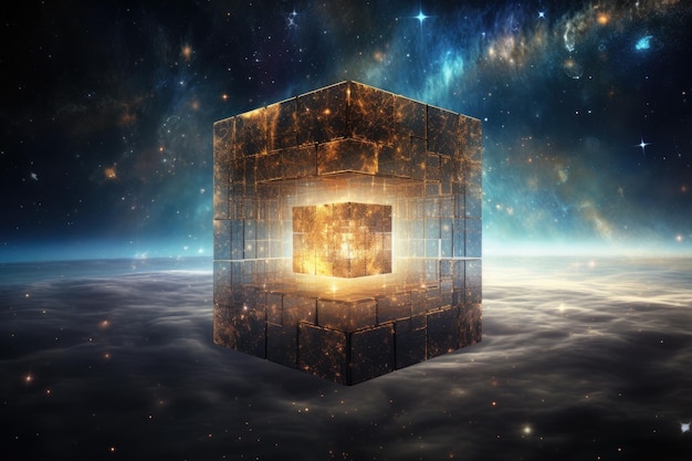 Cubo no espaço cheio de estrelas Uma cena cósmica hipnotizante Tempo na quarta dimensão o universo cosmos cubo infinito mudando a eternidade AI gerado