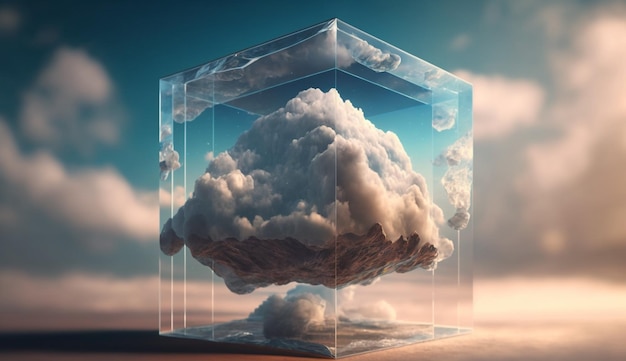 Un cubo con una nube y el cielo de fondo