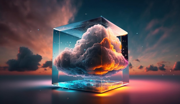 Un cubo con una nube dentro y el cielo detrás