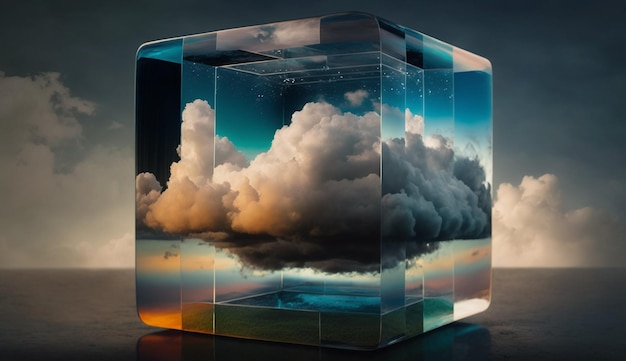 Un cubo con una nube que está hecho de vidrio.