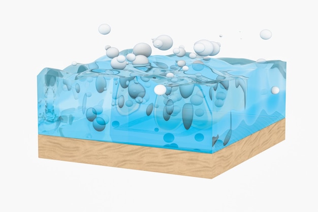 Cubo de ondas de agua azul claro con representación 3d de burbujas de esferas creativas