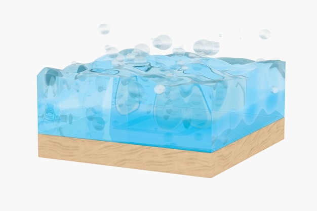 Cubo de ondas de agua azul claro con representación 3d de burbujas de esferas creativas
