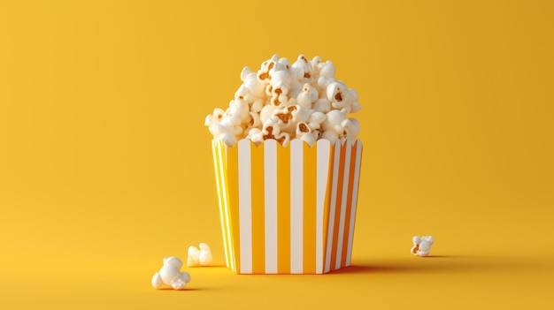 Un cubo de palomitas de maíz rebosante sobre un fondo amarillo vibrante