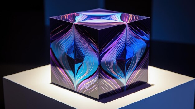 Un cubo con un patrón de diamantes en tonos violeta y azul.