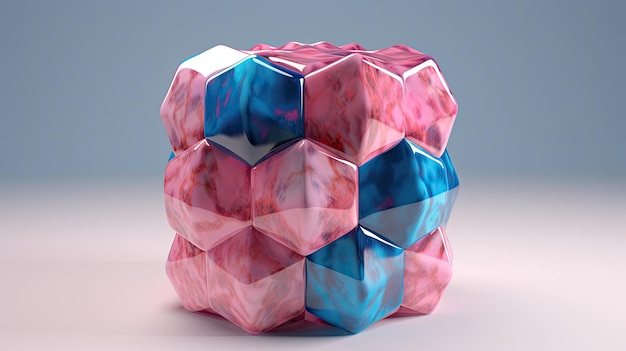 Un cubo con un patrón hexagonal en tonos rosa y azul.