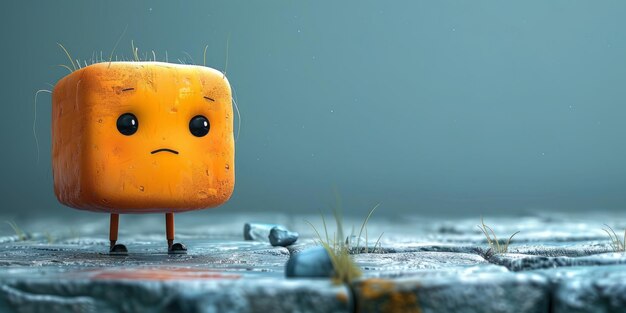 Foto cubo de un personaje de emoticon triste de pie en el suelo