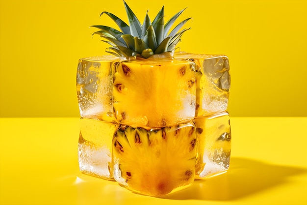 Un cubo de piña está apilado sobre un fondo amarillo.