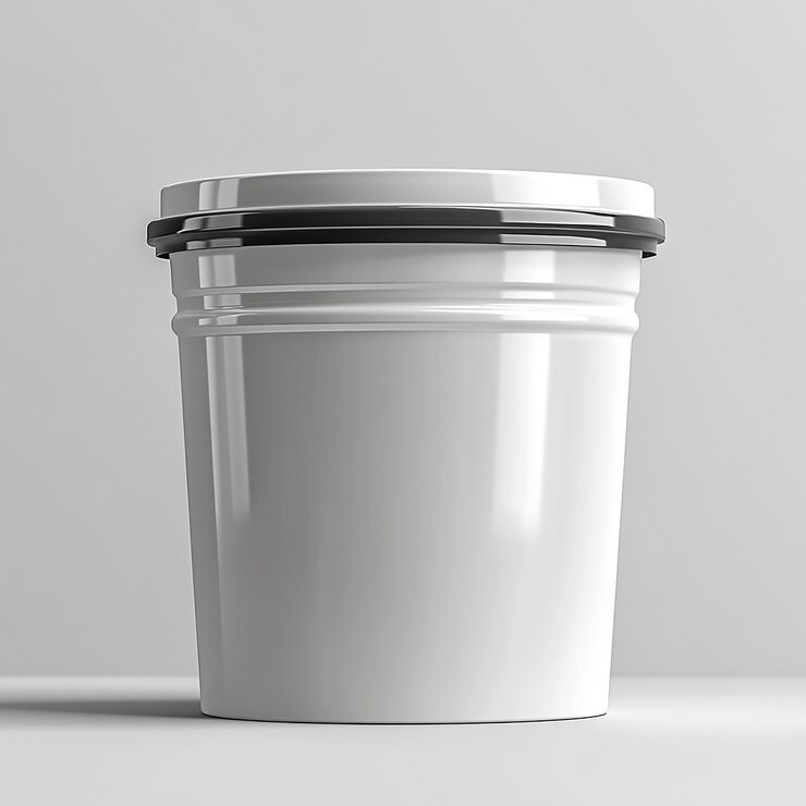 Cubo de plástico blanco en blanco con maqueta vectorial de tapa Maqueta de embalaje de envase redondo de cubo para el diseño