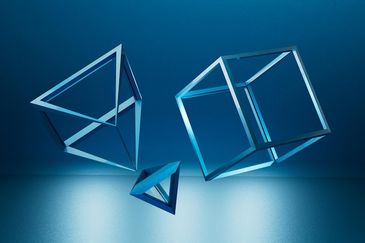 Foto un cubo y poliedros azules sobre un fondo azul desde abajo iluminado con luz de neón blanca