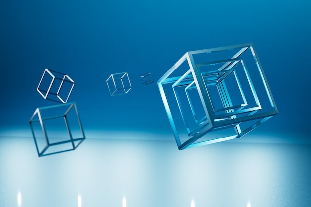 un cubo y poliedros azules sobre un fondo azul desde abajo iluminado con luz de neón blanca