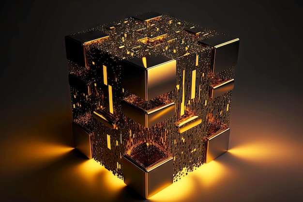 Cubo preto dourado na plataforma iluminada enquanto 3D renderiza fundo geométrico abstrato generativo ai