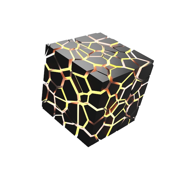 Cubo quebrado com lava quente dentro no fundo branco