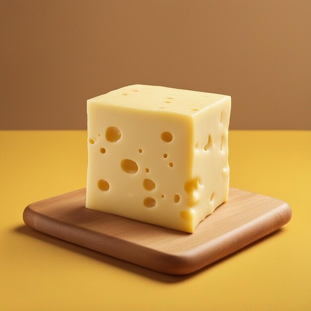 Foto un cubo de queso cubierto con queso sobre una mesa de madera de fondo amarillo