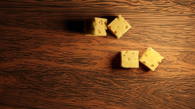 Cubo de queso en la vista superior en un escritorio de cocina de madera (Representación 3D)