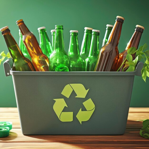 Cubo de reciclaje con botellas en una mesa de madera vista de cerca sobre un fondo verde sólido ai generativo