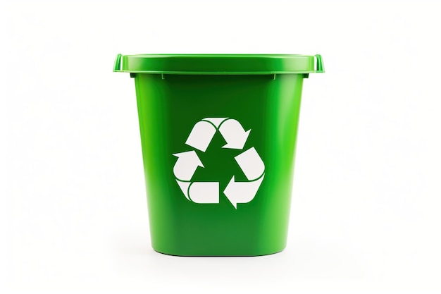 Cubo de reciclaje verde con símbolo de reciclaje sobre fondo blanco
