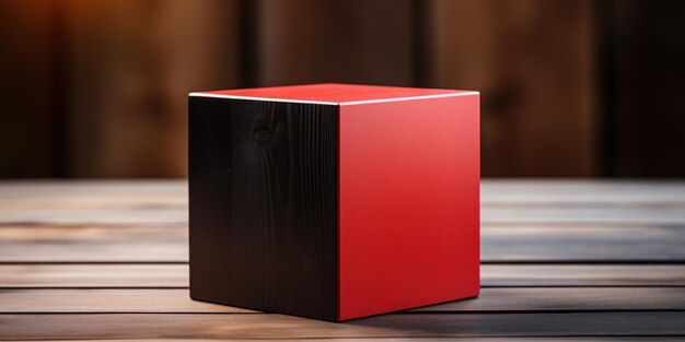 Un cubo rojo y negro sentado en la parte superior de una mesa