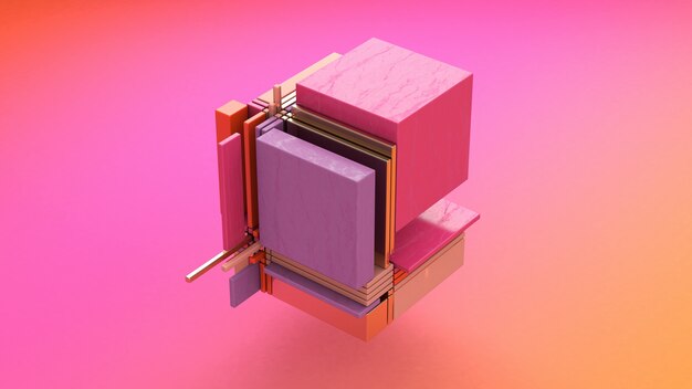 Cubo roto. Rectángulos de vidrio, metal, plástico. Ilustración abstracta, render 3d.