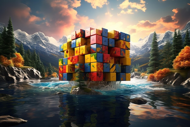 Foto cubo de rubik creativo con diferentes paisajes de la naturaleza