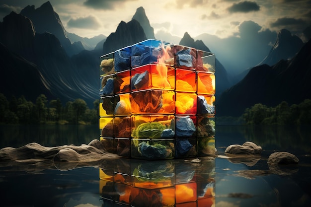 Foto cubo de rubik creativo con diferentes paisajes de la naturaleza