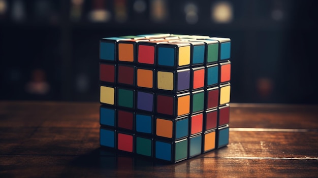 Un cubo de rubik se sienta en una mesa.