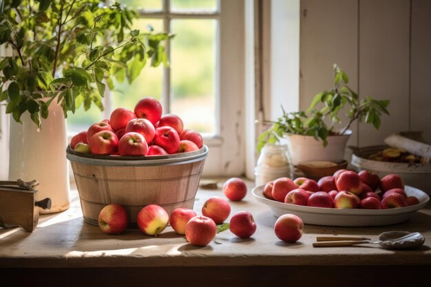 Un cubo rústico se desborda con manzanas rojas frescas por una ventana soleada que trae una acogedora sensación de campo a