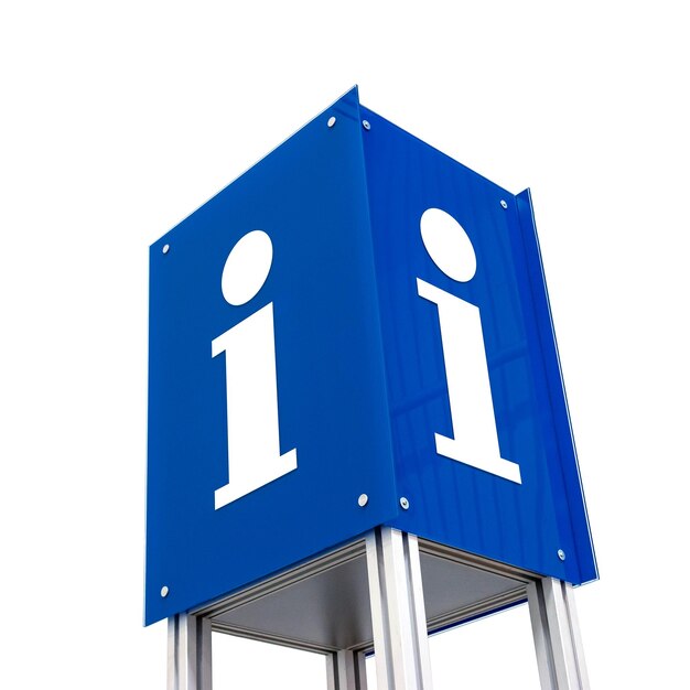 Un cubo de señal de información en colorón azul aislado sobre fondo blanco. ideal para sitios web y composición.