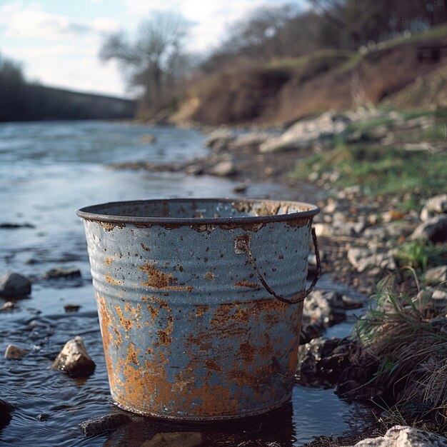 Foto un cubo sucio está sentado en el agua al lado de un río