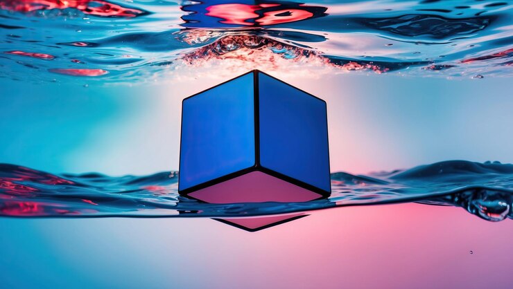 Foto cubo sumergido en el agua iluminado por vibrantes tonos azules y rosados que crean serenidad