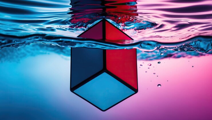 Foto cubo sumergido en el agua iluminado por vibrantes tonos azules y rosados que crean serenidad