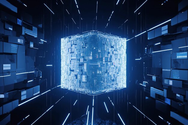Cubo de tecnología futurista exhibido contra el fondo del ciberespacio en 3D