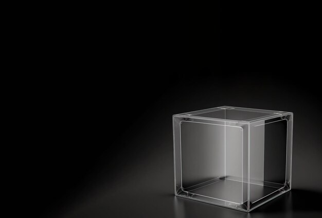 Cubo transparente de pedestal de podio vacío para presentación de producto fondo oscuro AI generado