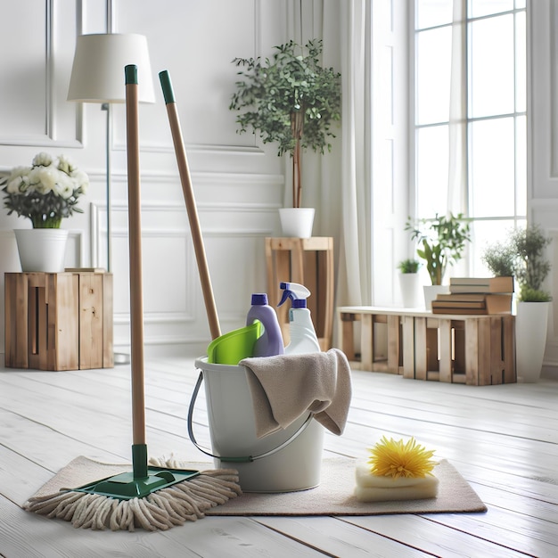 Foto cubo y trapo en el piso de madera blanca en una habitación vacía blanca