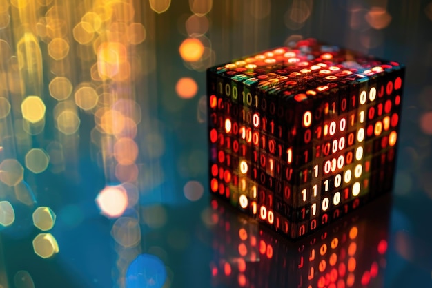Un cubo vibrante de varios colores se coloca en la parte superior de una mesa sólida código binario en un cubo tridimensional AI generado