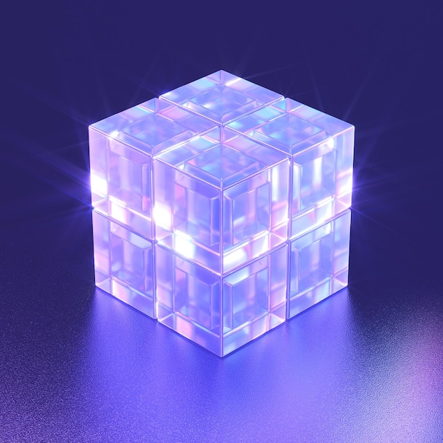 Cubo de vidrio con efecto de refracción Reflejos de vidrio colorido Ilustración de representación 3d