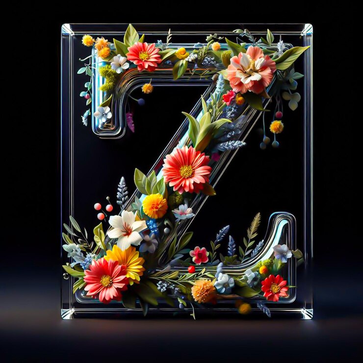 Foto un cubo de vidrio con flores y una letra z en él