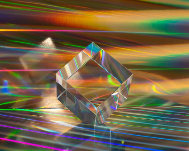 Foto cubo de vidrio en un fondo holográfico abstracto de cerca una abstracción brillante y vibrante